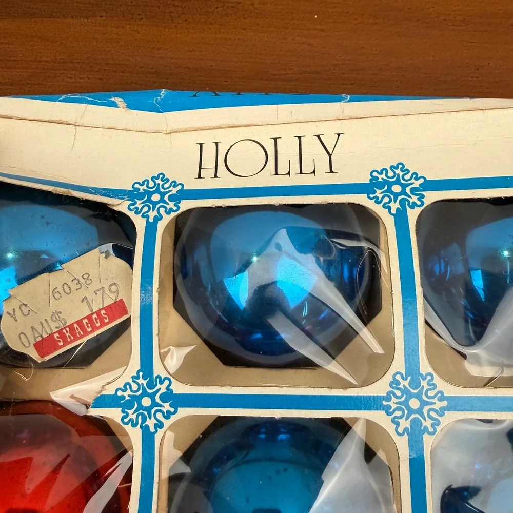 Vintage Holly Glass Christmas Ornaments Red Blue Set of 24 2.25
